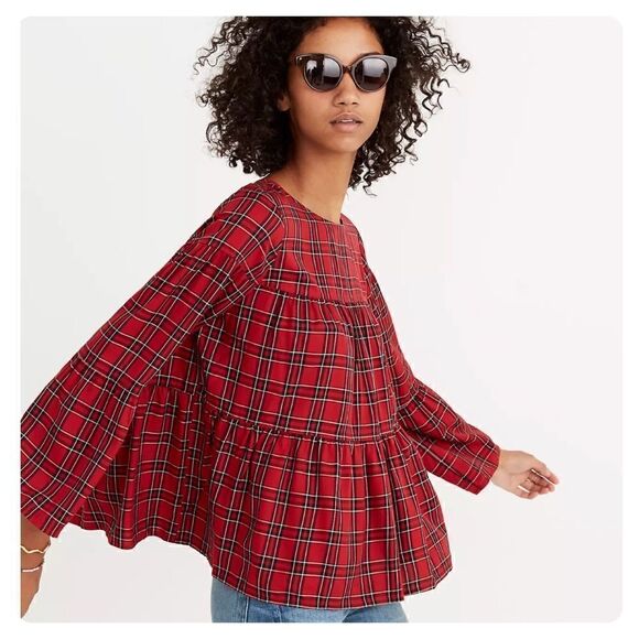 Madewell Size Small Red & Black Plaid Tiered Button Back Swing Top - Picture 1 of 11